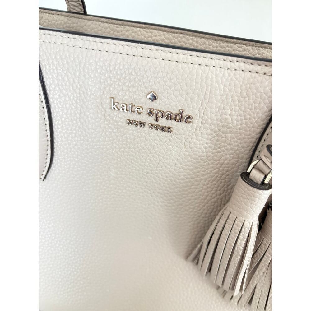 Kate Spade New York Pebbled Leather Tassel Tote Bag Beige Neutral Work Satchel - Picture 4 of 10